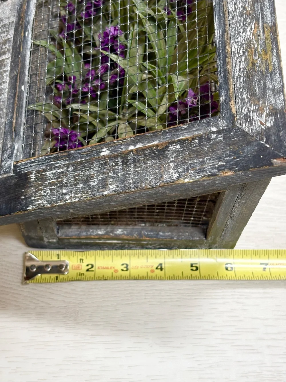 Distressed Gray Wooden Wall Planter with Faux Purple Lavender